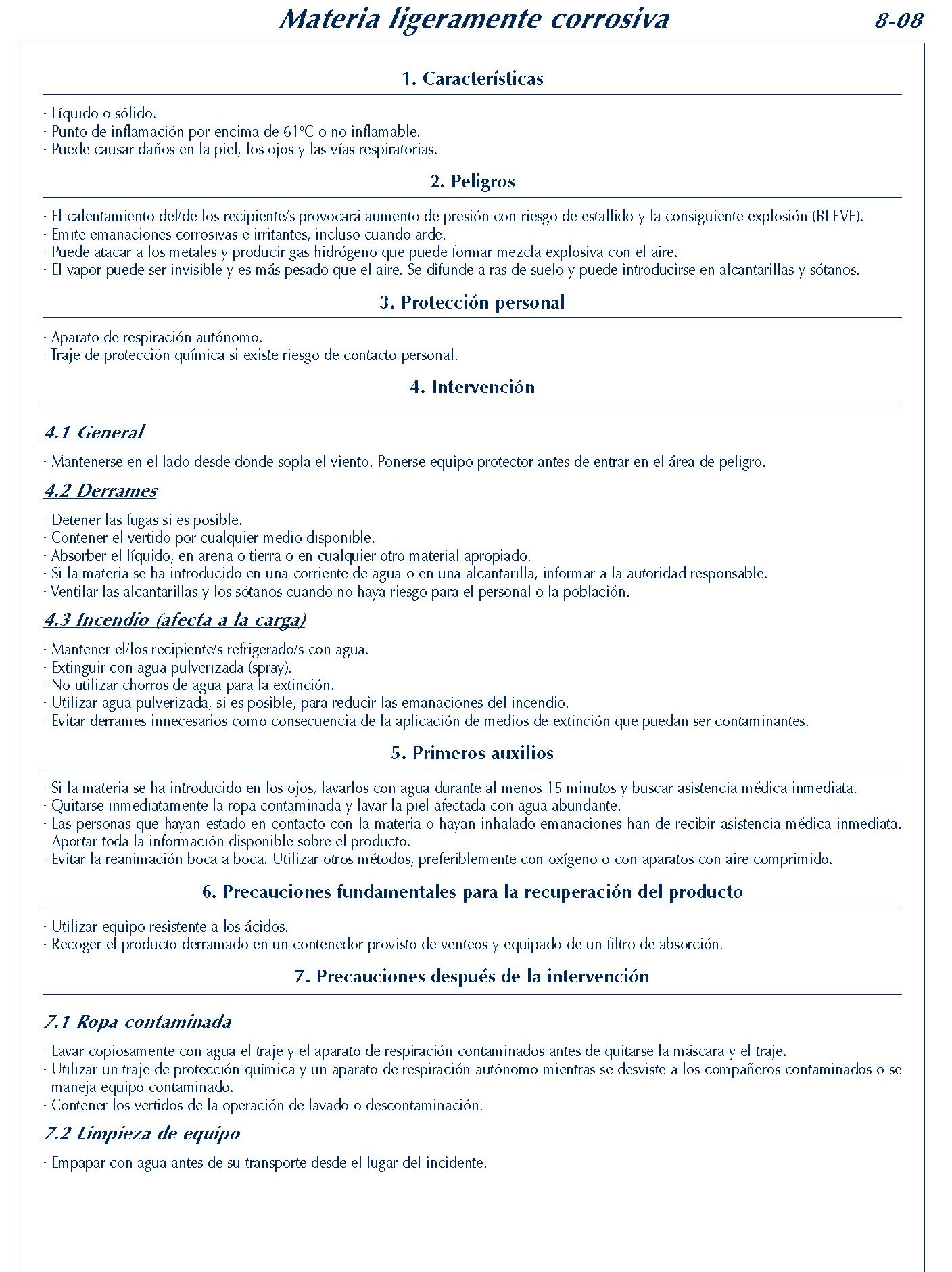 307 FICHA 8-08 MATERIA LIGERAMENTE CORROSIVA FICHAS EMERGENCIA